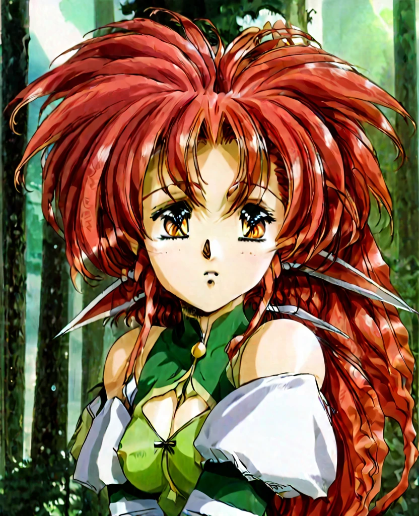Surreal beautiful elf, curly red hair, face detailed,pointy cat ears, very big , HD, 4K