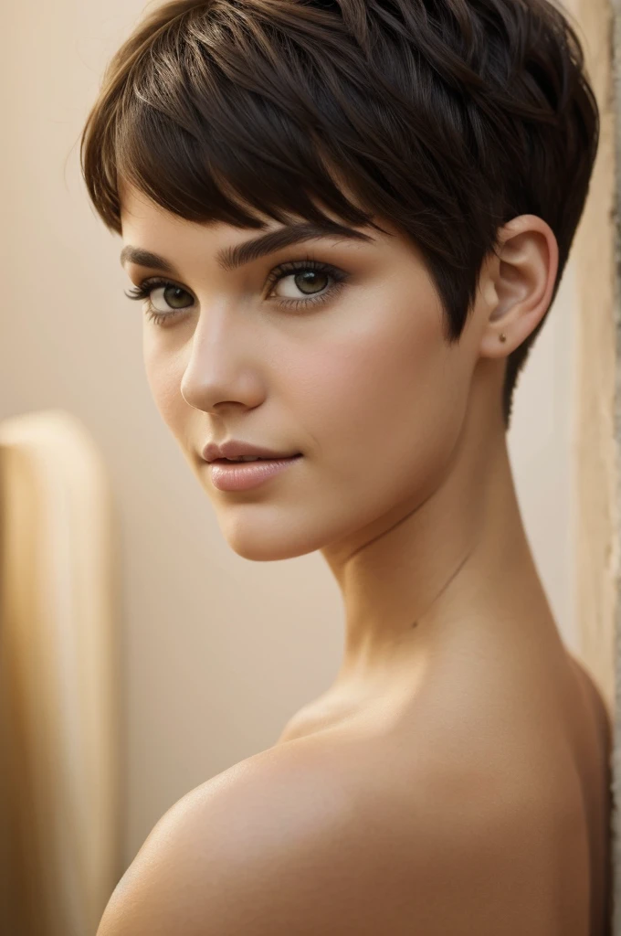 Portrait of Beautiful Brunette Girl with Wavy Pixie Cut Hair
