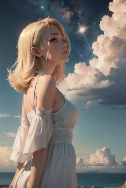 The blonde woman in Harmonic Horizon discovers a landscape where the music of the universe is visible in the sky, a symphony of pastel colors that flow in harmony with the sunlight sounds of existence