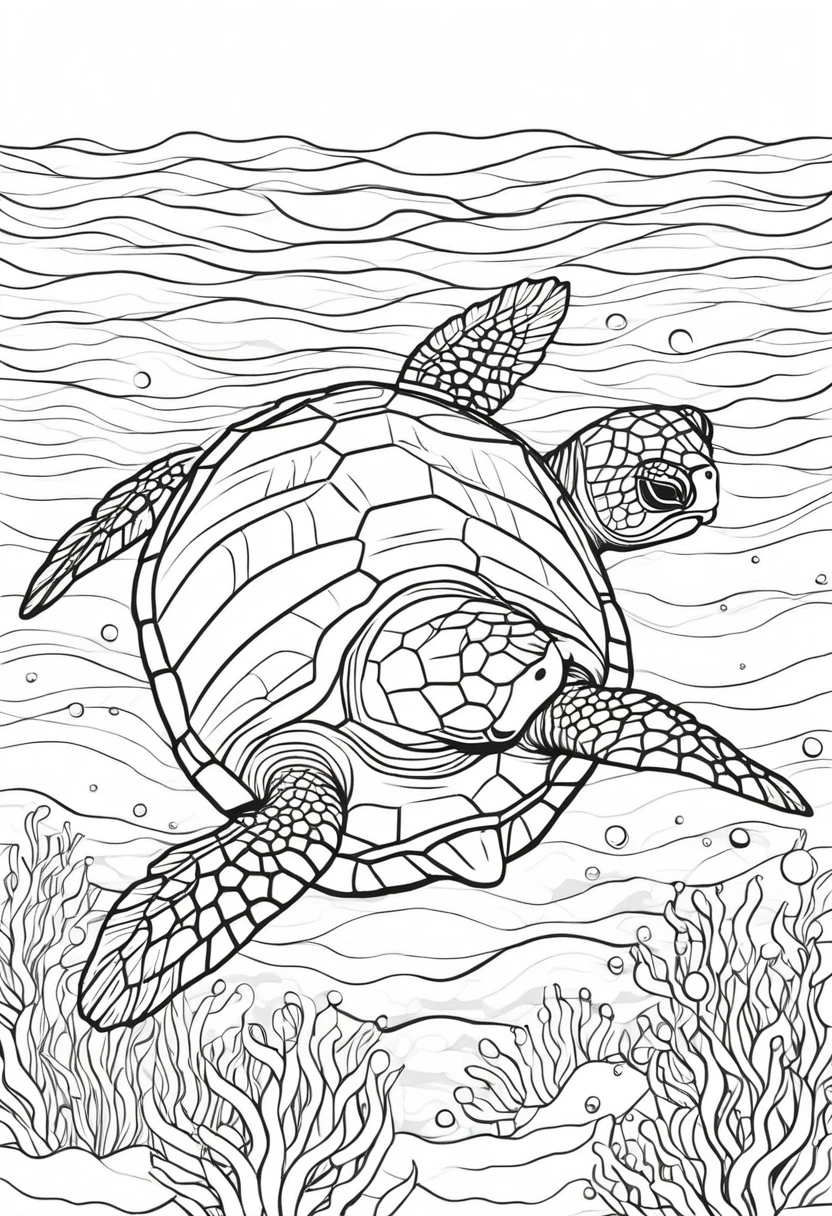 coloring page for kids, sea turtle , thick lines, drawing, white background