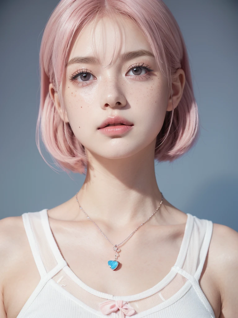 Cute girl short pink hair, with two bows on each side of the hair, all her hair short pink , with a star clip in her pink hair, light colored eyes, pretty eyes, crying eyes, pretty, upturned nose, watery nose, Pretty lips, pink lips, heart and cupid shaped lip, pretty skin, pale, White skin, with moles and freckles all over his face, soft pink blush on the cheeks, natural pink blush, soft pink makeup, Jennie, nice neck, marked collar, frown, tender look, with a kiss necklace, a pretty kiss necklace, similar to Yumeko Jabami, while wearing a Crochet YK2, woolen, with a white pants , while wearing a deep blue top with bear prints, while having a bare abdomen, Delgado, marked and pretty, (big breasts, soft breasts, nice breasts), while she is cosplaying the character Yumeko Jabami, The anime Kakegurui, looking to the camera, full body photography , Clothes Colour 🔵 blue,