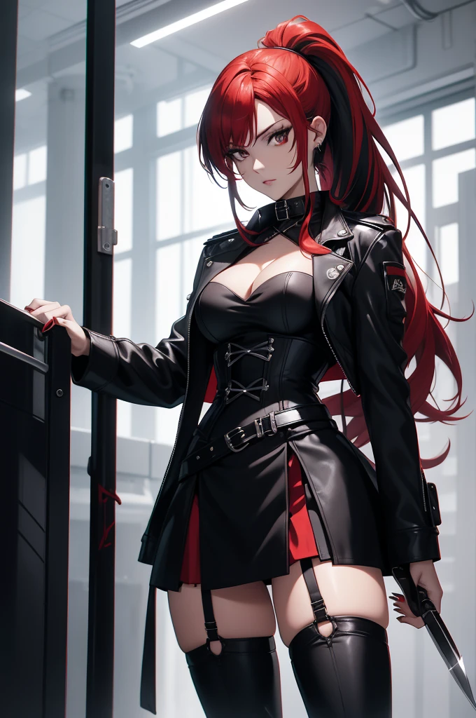 Rogue human woman, with red hair and black streaks, long high ponytail, white corset, black mini skirt, black thigh high boots, black jacket, holding a knife
