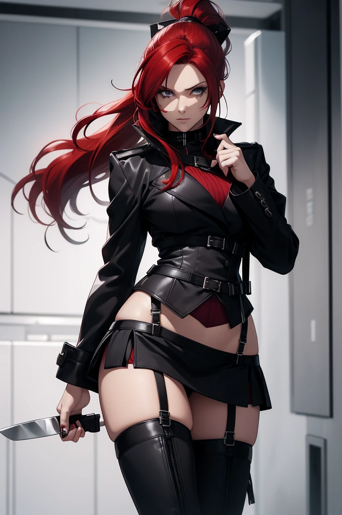 Rogue human woman, with red hair and black streaks, long high ponytail, white corset, black mini skirt, black thigh high boots, black jacket, holding a knife
