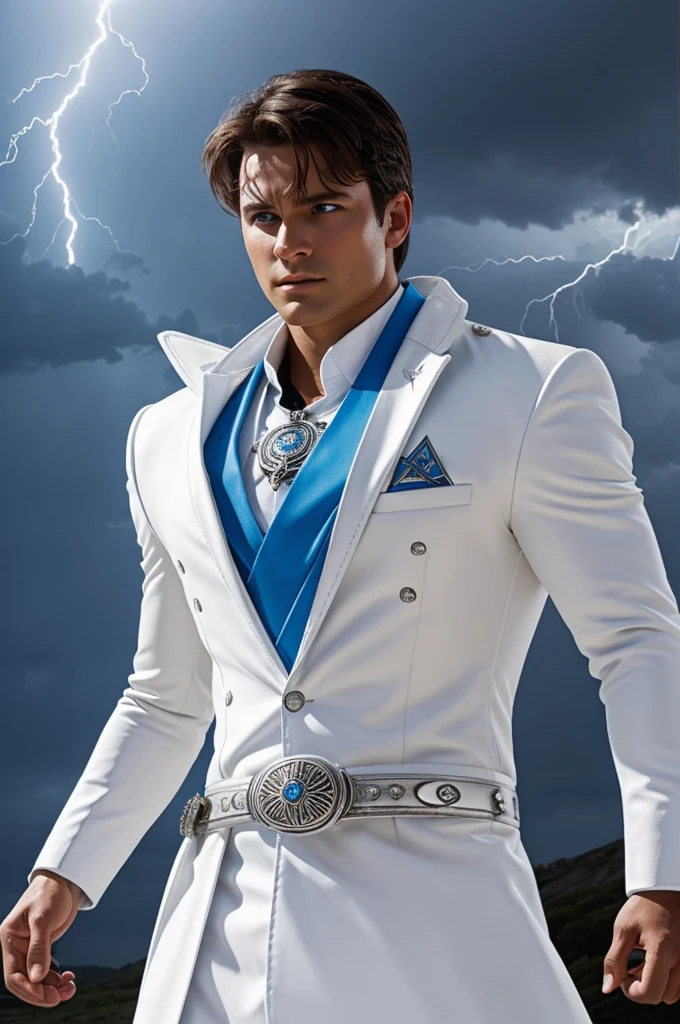 A white and sky blue suit with silver details that reflect light. He wears a visor that protects his eyes and allows him to see clearly in storms. The amulet that gave him his powers is embedded in his belt.