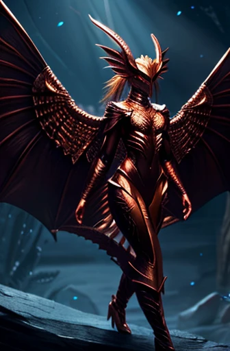 Copper Dragon, wings, female, scaly body, skinny, big wings on her back, glowing eyes, using magic, clothes, arms, mortal face, human body, desirable, human body, no tail, arms