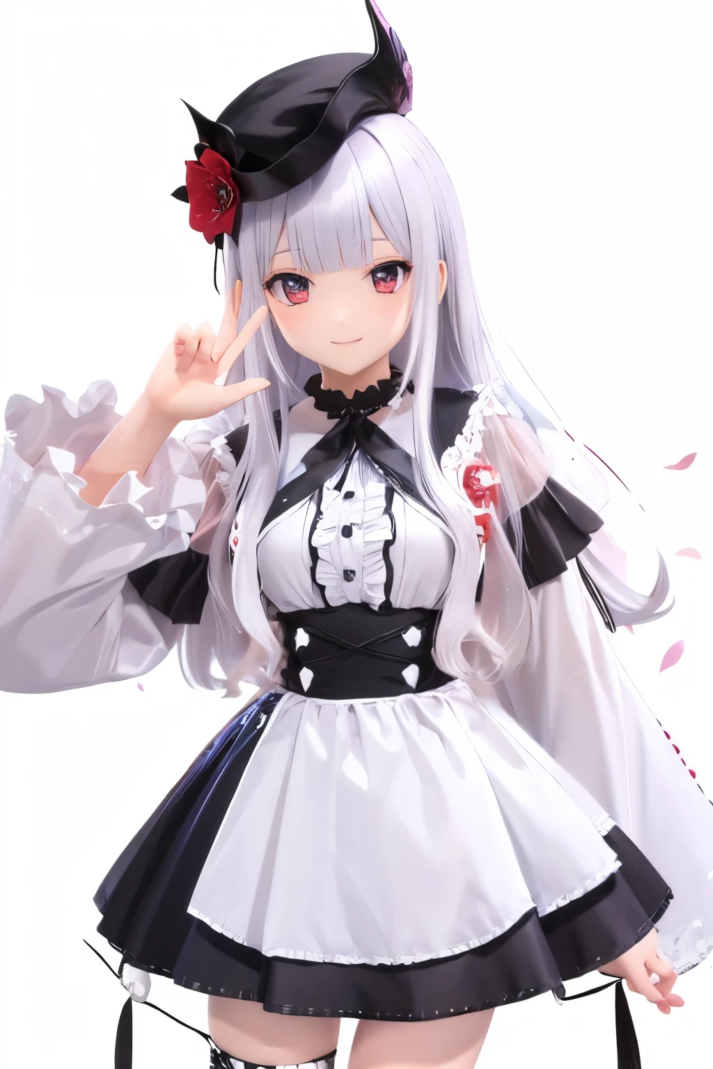 masterpiece, best quality, 1 Girl, Solitary, long_hair, Watching_exist_Viewer, white hair, Red Eyes, (((shiny Smile))), Bangs, skirt, shirt, long_sleeve, hexist, skirt, bow, Keep, close_Mouth, flower, Ruffles, hair_flower, flower瓣, flower束, Keep_flower, center_Ruffles, cap, Keep_flower束, Tai Chi E, whole body, White background,
