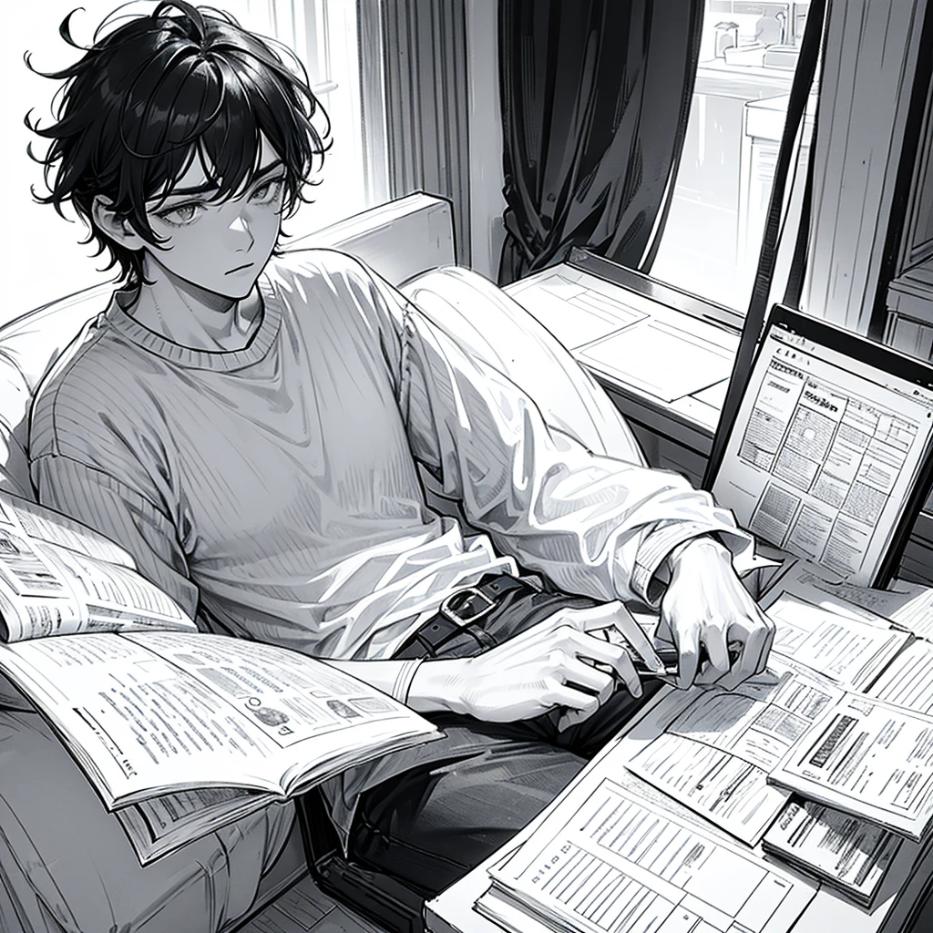 black hair, a young man sitting and reading, tired and listless expression,sketch, line art, picture from the front, close up, first-person view, anatomically correct, award winning