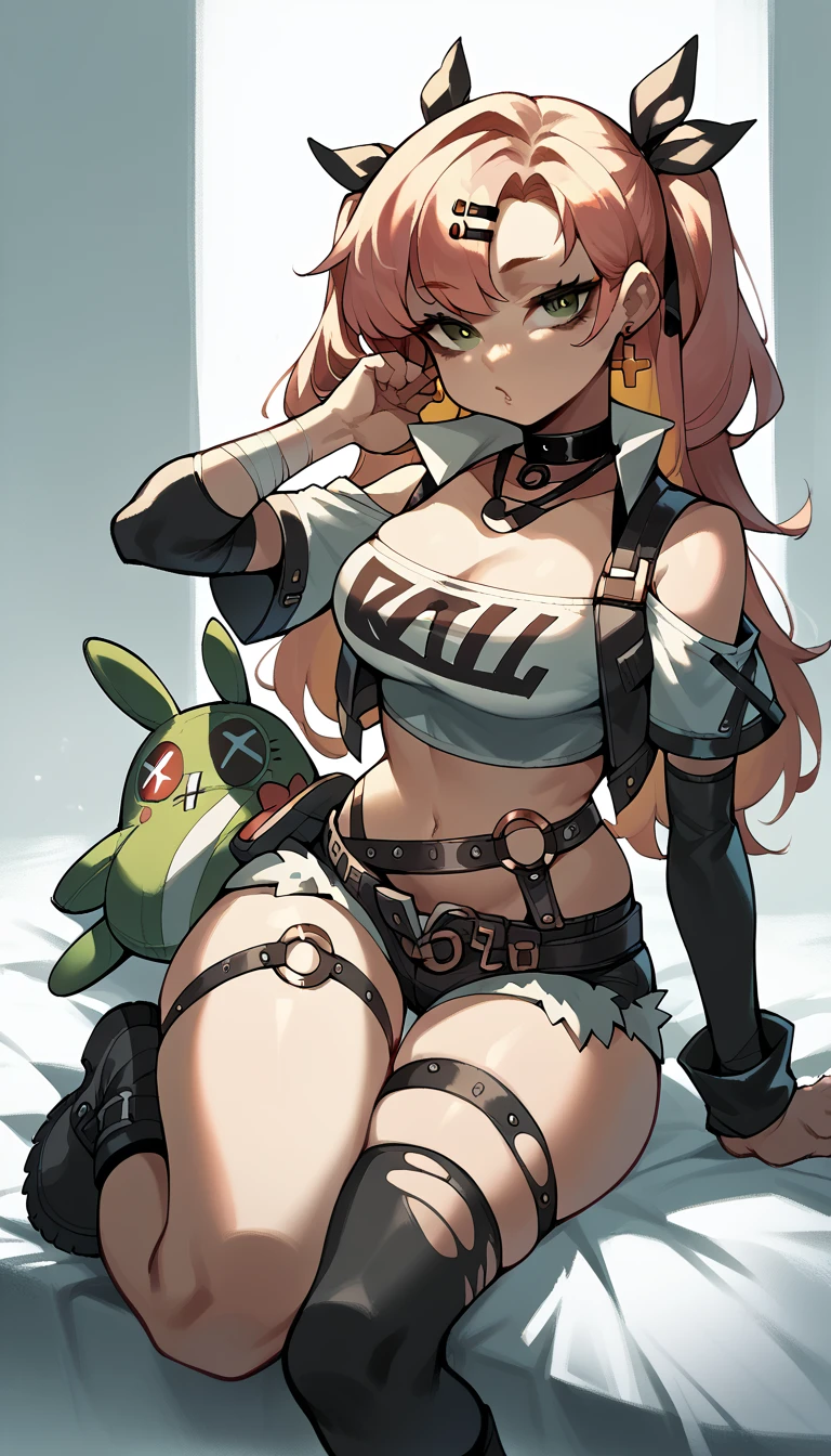 tube top, single thighhigh, short shorts, cropped jacket, belt boots, hair ribbon, hairclip, earrings, single sock, high belt, thigh strap, detached sleeves, doll, black collar