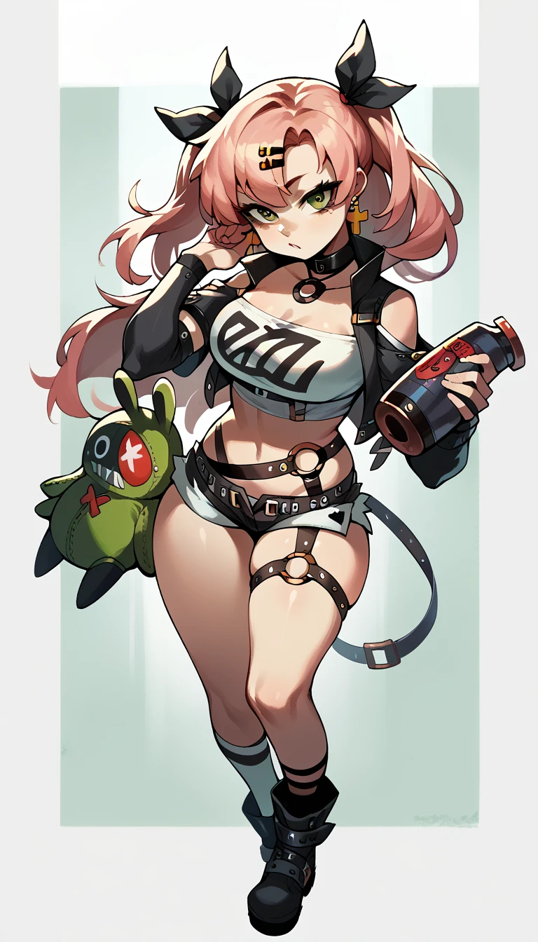tube top, single thighhigh, short shorts, cropped jacket, belt boots, hair ribbon, hairclip, earrings, single sock, high belt, thigh strap, detached sleeves, doll, black collar
