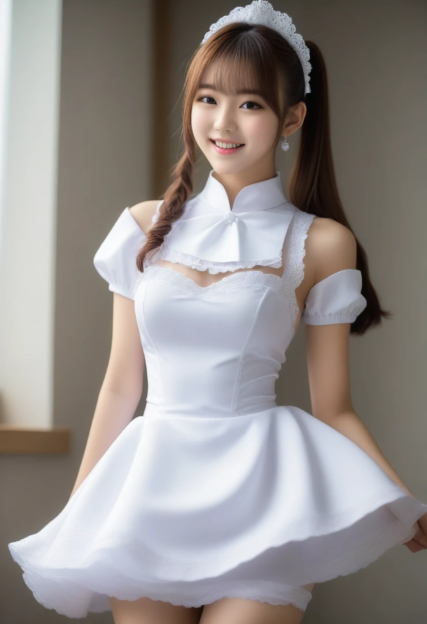 8K, Ultra-high resolution, Highest quality, masterpiece, 三分割法によるphotograph,Surreal, photograph, 1 Girl, (16 years old:1.3), pretty girl, Cute face, Beautiful eyes in every detail, 細かくdetailedに,masterpiece,, One Girl:1.2, Virginia Otis 15 year old girl、美しい cyborg mixed maid female, Mecha Cyborg Girl,Mecha Body Girl,She wears a futuristic mech, victorian maid dress, from the front, From the skirt up,Cute kids room, bed room, bed,Beautiful leg line beauty,Full of sex appeal,Sensual,A carefree smile,Heal the heart,Short ponytail、beauty,Long neck、Laugh a little、Please close your mouth and laugh、(((Ideal body type))),A cup small breasts :2,、Portraiture:2、Perfect Anatomy、鮮明なdetailed、detailed、Surreal、Light and shadow,Strong light