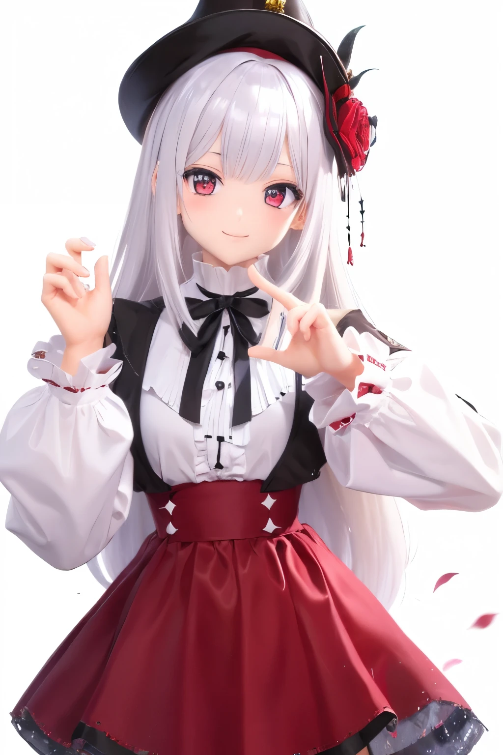 masterpiece, best quality, 1 Girl, Solitary, long_hair, Watching_exist_Viewer, white hair, Red Eyes, (((shiny Smile))), Bangs, skirt, shirt, long_sleeve, hexist, skirt, bow, Keep, close_Mouth, flower, Ruffles, hair_flower, flower瓣, flower束, Keep_flower, center_Ruffles, cap, Keep_flower束, Tai Chi E, whole body, White background,