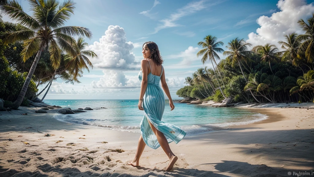 [[((A stunning image of a young, attractive woman with an elegant yet casual style, walking confidently on a beautiful tropical beach. She is wearing a chic, flowy sundress that complements her relaxed and carefree vibe. The beach setting features soft, white sand, clear turquoise water, and gently swaying palm trees under a bright, sunny sky. The scene captures the essence of Allurist’s journey, emphasizing the simplicity and joy of life’s moments, aligning with our brand’s allure and elegance:1.6)). The background should highlight the serene beach environment with professional lighting and composition. The image should be in ((8K resolution:1.5)) with ((hyper-realistic detail:1.6)). The focus is entirely on the woman and the picturesque beach setting, creating a harmonious and inviting atmosphere.]]
