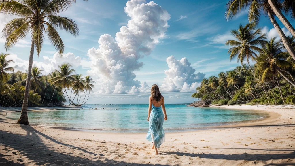 [[((A stunning image of a young, attractive woman with an elegant yet casual style, walking confidently on a beautiful tropical beach. She is wearing a chic, flowy sundress that complements her relaxed and carefree vibe. The beach setting features soft, white sand, clear turquoise water, and gently swaying palm trees under a bright, sunny sky. The scene captures the essence of Allurist’s journey, emphasizing the simplicity and joy of life’s moments, aligning with our brand’s allure and elegance:1.6)). The background should highlight the serene beach environment with professional lighting and composition. The image should be in ((8K resolution:1.5)) with ((hyper-realistic detail:1.6)). The focus is entirely on the woman and the picturesque beach setting, creating a harmonious and inviting atmosphere.]]
