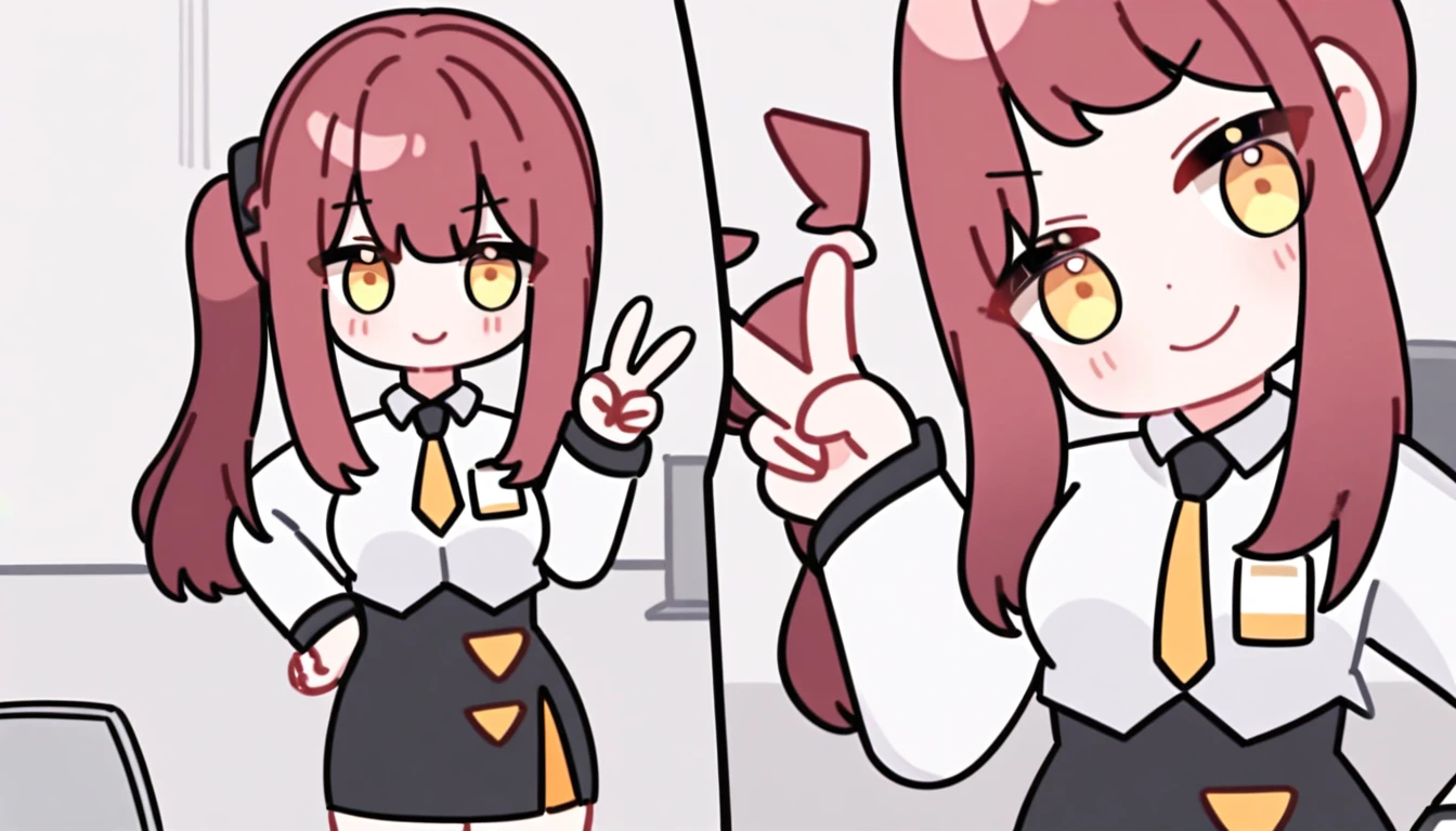 masterpiece,best quality,office,smile,closed mouth,standing,v,chibi,
anotherstyle,kaluolin,1girl,solo,skirt,red hair,looking at viewer,shirt,side ponytail,black skirt,white shirt,yellow eyes,long sleeves,necktie,long hair,high-waist skirt,bangs,