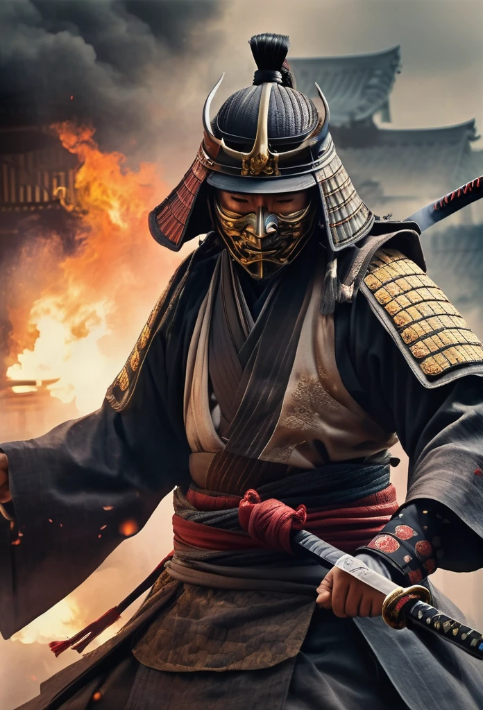 A Japanese ancient samurai ronin with magnificent mask in portrait, fighting pose, seigan no kamae katana position, the atmosphere is heavy and sad. It's very detailed and in the atmosphere of the old quarter of the time, background with fire qnd smoke and fog, BEST quality, masterpiece,extreme intrincate detail and textures, dark clouds