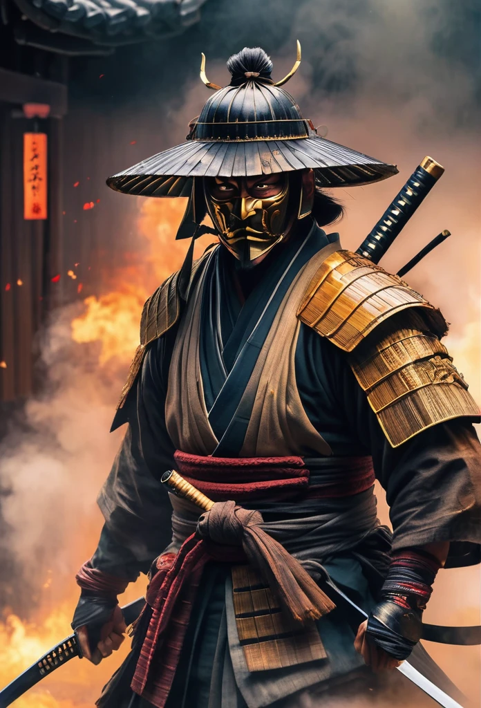 A Japanese ancient samurai ronin with magnificent mask in portrait, fighting pose, seigan no kamae katana position, the atmosphere is heavy and sad. It's very detailed and in the atmosphere of the old quarter of the time, background with fire qnd smoke and fog, BEST quality, masterpiece,extreme intrincate detail and textures, dark clouds