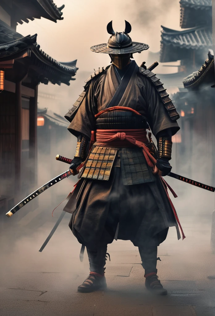 A Japanese ancient samurai ronin with magnificent mask in portrait, fighting pose, seigan no kamae katana position, the atmosphere is heavy and sad. It's very detailed and in the atmosphere of the old quarter of the time, background with fire qnd smoke and fog, BEST quality, masterpiece,extreme intrincate detail and textures, dark clouds