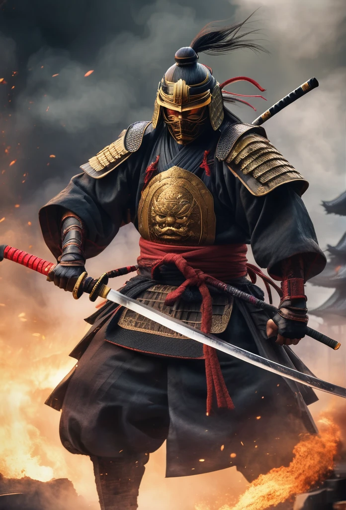 A Japanese ancient samurai ronin with magnificent mask in portrait, fighting pose, seigan no kamae katana position, the atmosphere is heavy and sad. It's very detailed and in the atmosphere of the old quarter of the time, background with fire qnd smoke and fog, BEST quality, masterpiece,extreme intrincate detail and textures, dark clouds