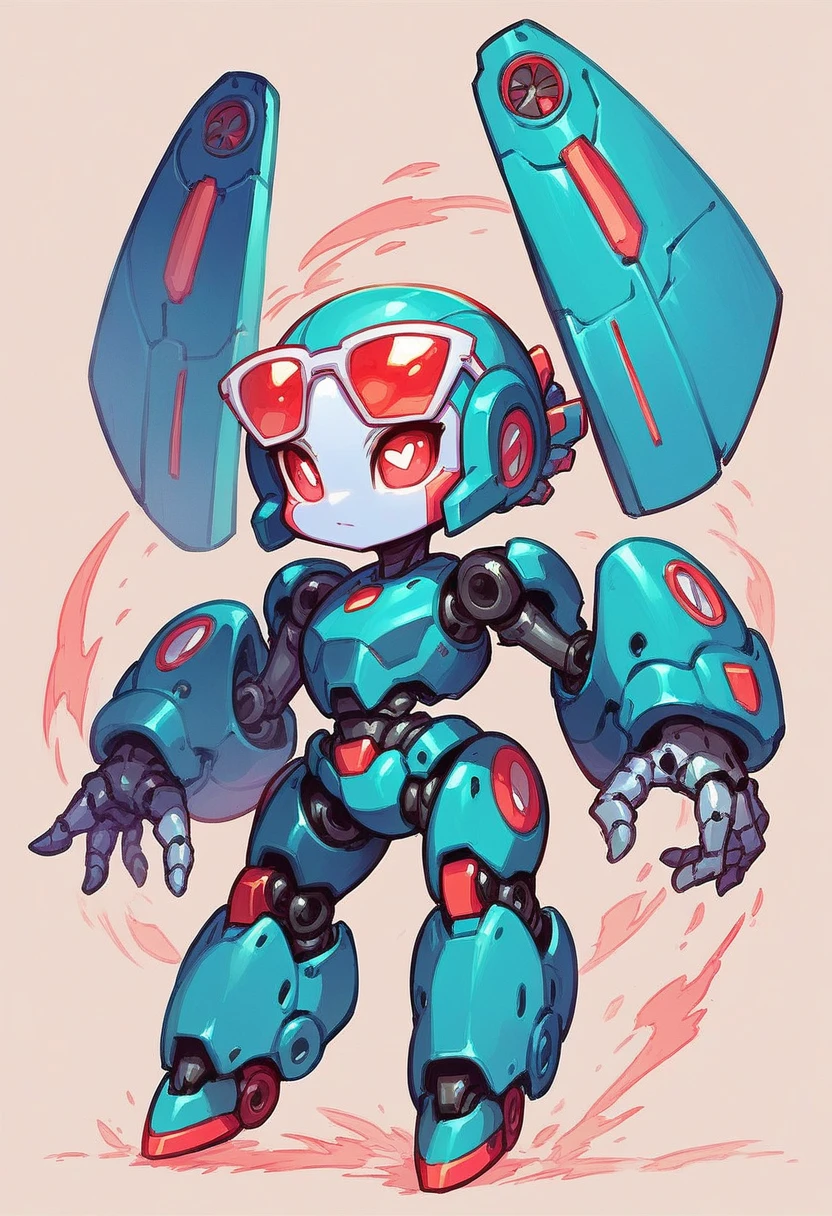 Wide shoulders, armored robot, mecha, Sidescroller character facing right, Chibi robot, robot with mask and sunglasses shaped eyes, medabot style, red and white, big head, thick parts