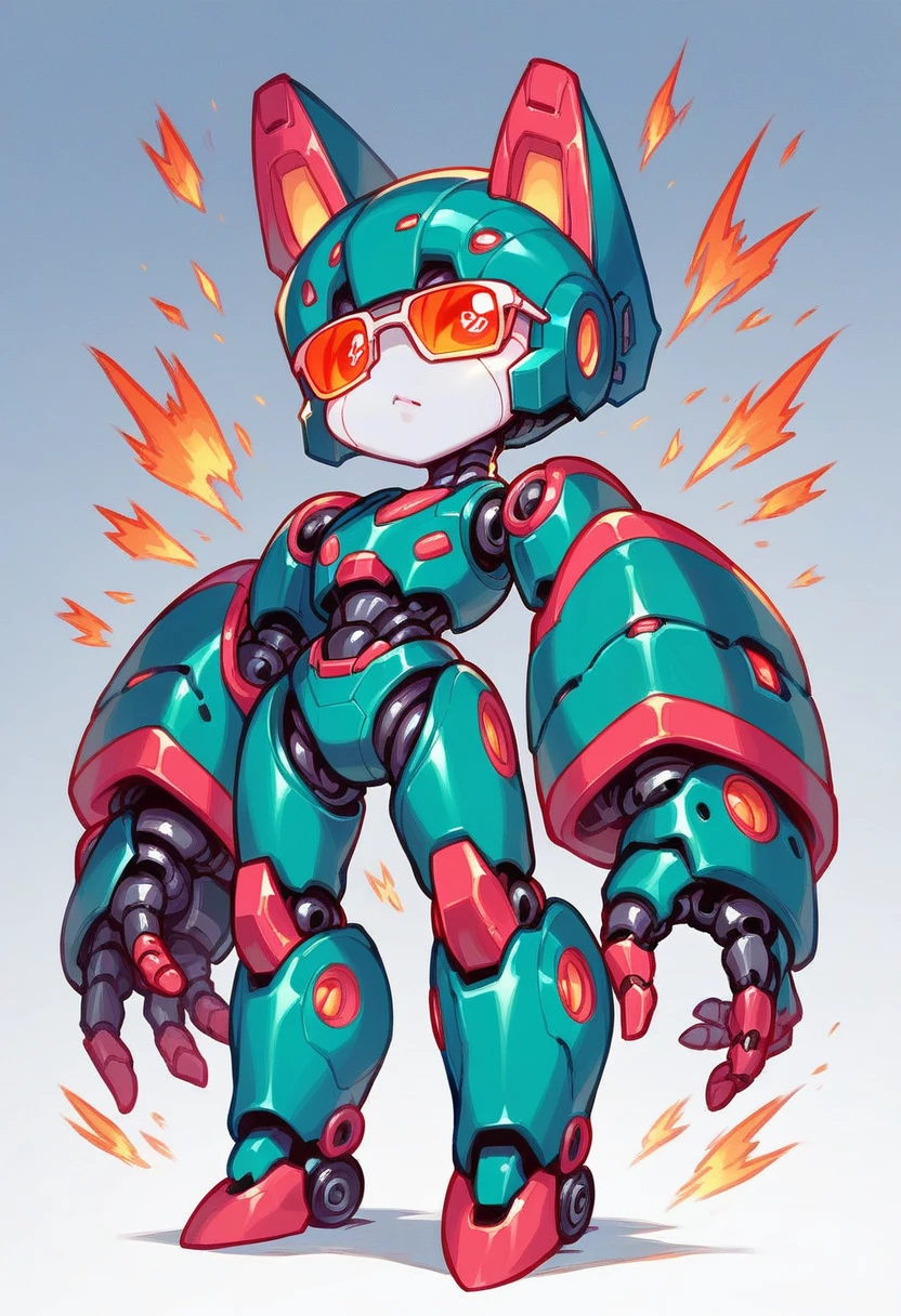 Wide shoulders, armored robot, mecha, Sidescroller character facing right, Chibi robot, robot with mask and sunglasses shaped eyes, medabot style, red and white, big head, thick parts