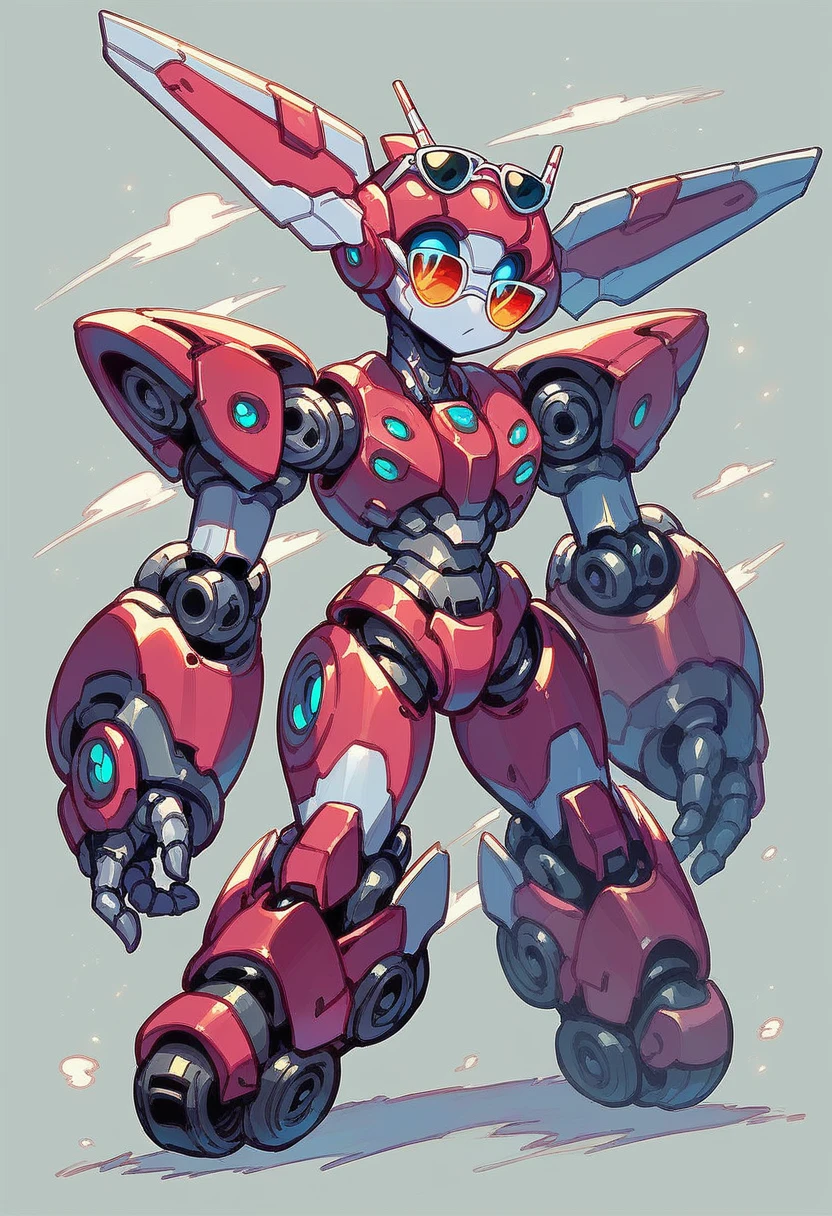 Wide shoulders, armored robot, mecha, Sidescroller character facing right, Chibi robot, robot with mask and sunglasses shaped eyes, medabot style, red and white, big head, thick parts