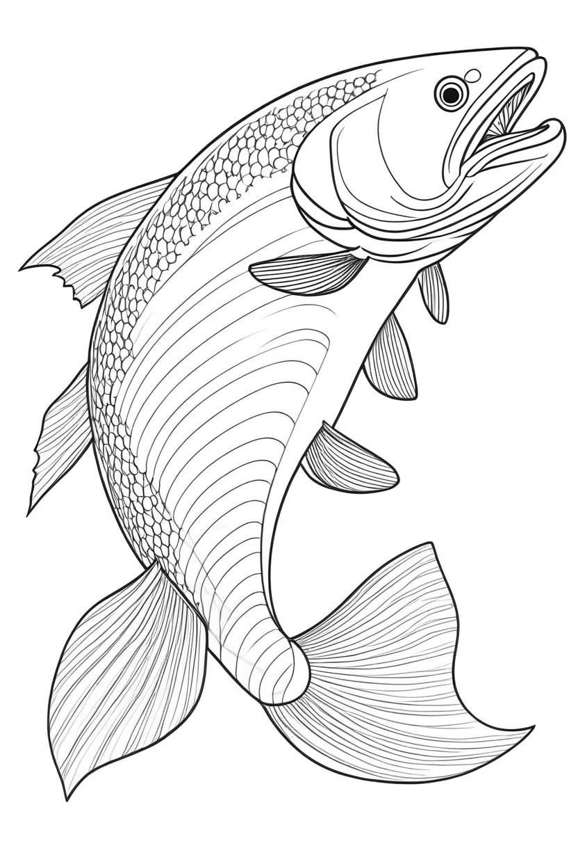 coloring page for , salmon fish , thick lines, drawing, white background