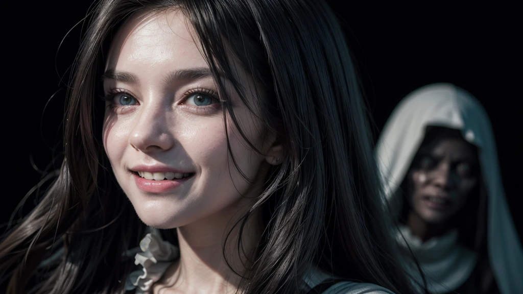 (best qualityer, work of art:1.2), on a black background, a very scary and grotesque looking woman has a ghostly face with long flowing hair, smiling evilly and scaring people. ,Ultra-realistic, cinematic, high détail