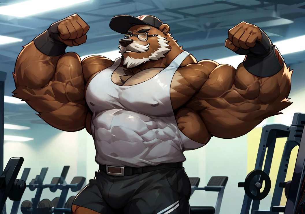 solo, 1boy, Huge Middle aged Muscular Old Grizzly Bear Daddy wearing glasses, hat, pectoral, huge pectoral, wide pectoral, short pants black wristbands gloves and tank top, waistbelt, bearded, Mustache, gym background, frontside, masterpiece, high detailed, 8k, high resolution, at the gym working out his chests, flexing his biceps