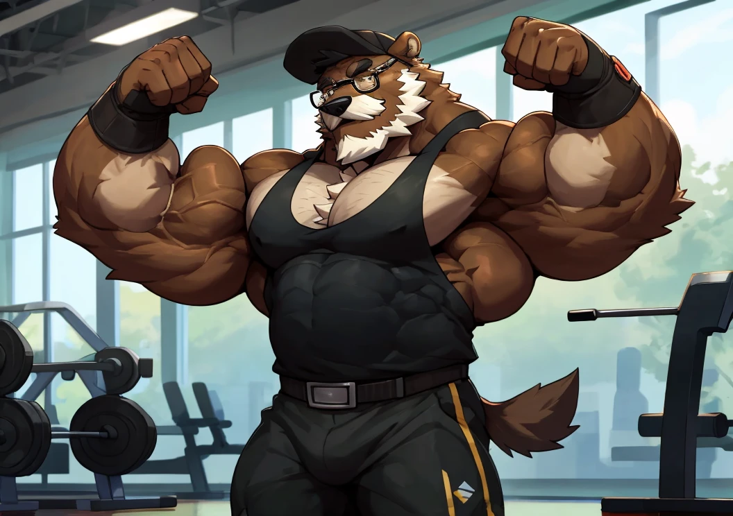 solo, 1boy, Huge Middle aged Muscular Old Grizzly Bear Daddy wearing glasses, hat, pectoral, huge pectoral, wide pectoral, short pants black wristbands gloves and tank top, waistbelt, bearded, Mustache, gym background, frontside, masterpiece, high detailed, 8k, high resolution, at the gym working out his chests, flexing his biceps