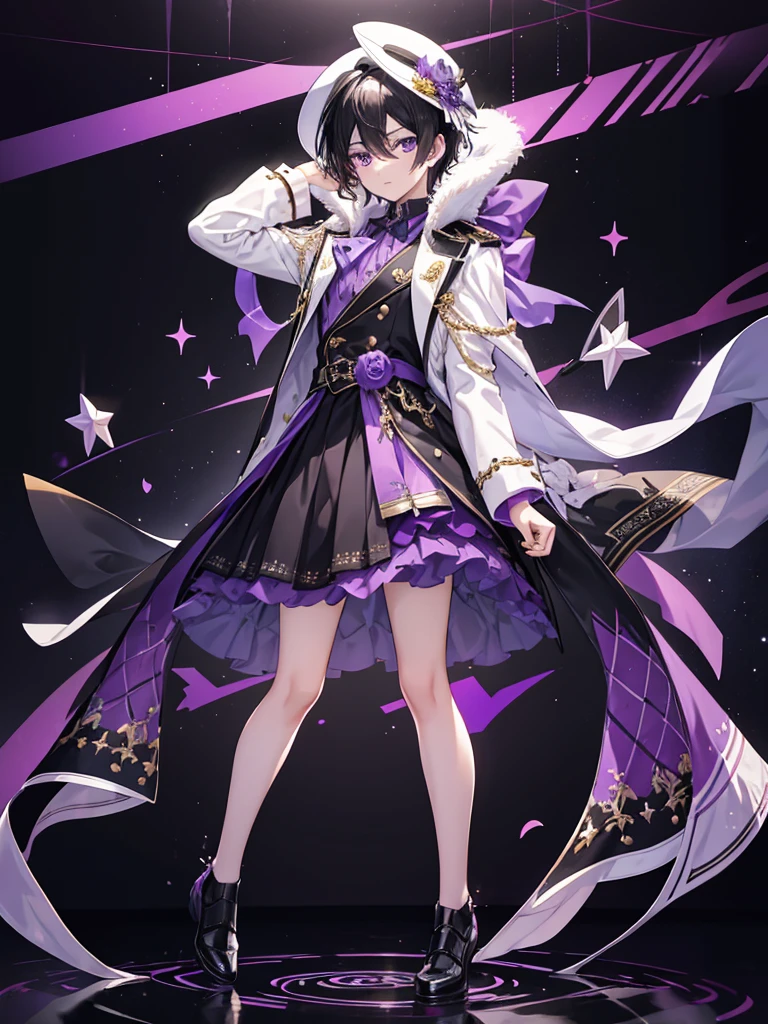 1 boy, Full body shot, ((black hair)), Pretty Boy, ((Purple Eyes)), Idol Costumes, skirt, white