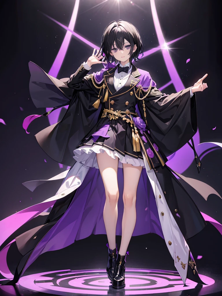 1 boy, Full body shot, ((black hair)), Pretty Boy, ((Purple Eyes)), Idol Costumes, skirt, white