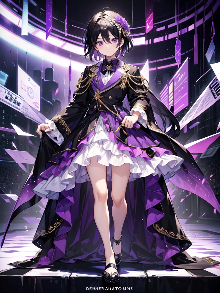 1 boy, Full body shot, ((black hair)), Pretty Boy, ((Purple Eyes)), Idol Costumes, skirt, white