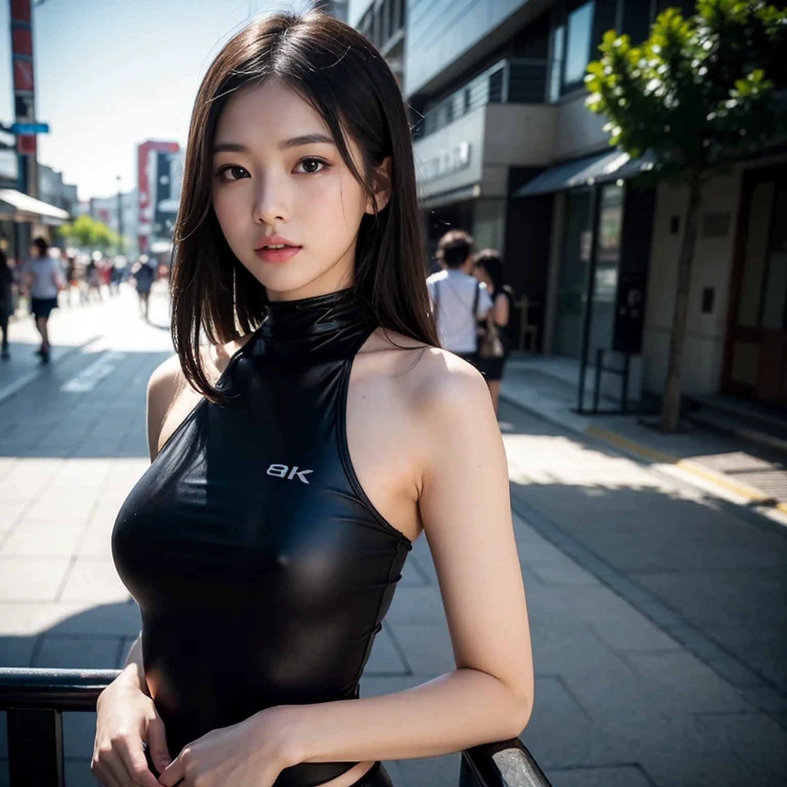 (8k:1.27), best quality, masterpiece, ultra-high-res:1.2) Photo of Pretty Japanese woman (beautiful:1.1)a gorgeous Japanese woman wearing a skintight royal blue high-neck swimsuit, , Focus Clear: 1.2, Outstanding Style: 1.4, Slender Abs: 1.2, ((Black Hair, Big: 1.2)), Highly Detailed Face and Skin Texture, Detailed Eyes, Double Eyelids, looking at viewer, light particles, city backdrop, perfect hands, perfect eyes, perfect swimsuit, perfect legs, perfect arms, perfect fingers, intricate detail, high-res, detailed facial features, high detail, sharp focus, smooth, aesthetic, extremely detailed, stamp, octane render, photo_\(ultra\), photorealistic, realistic, post-processing, max detail, roughness, real life, ultra-realistic, photo-realism, photography, 8k UHD, photography, FULL-SILHOUETTE light, Japanese face, intricate elegant, fantasy, detailed, gradient lighting