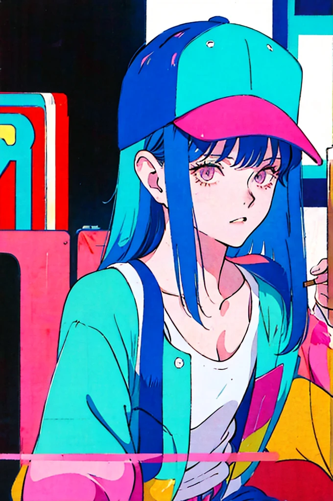 Woman in baseball cap,He is holding up a cigarette and smoking.。, Anime atmosphere of the 80s, 90s anime style, 90s anime style, 80s anime style, In 80s anime art style, 90s anime art style, Anime atmosphere, 80s anime art style, 1980's anime style,Neon Light