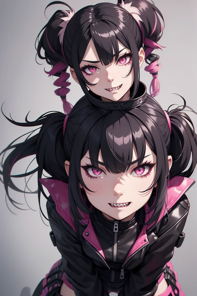 half dragon female with grey skin, with black hair pigtails style, with pink streaks, sharp teeth, biker outfit.
