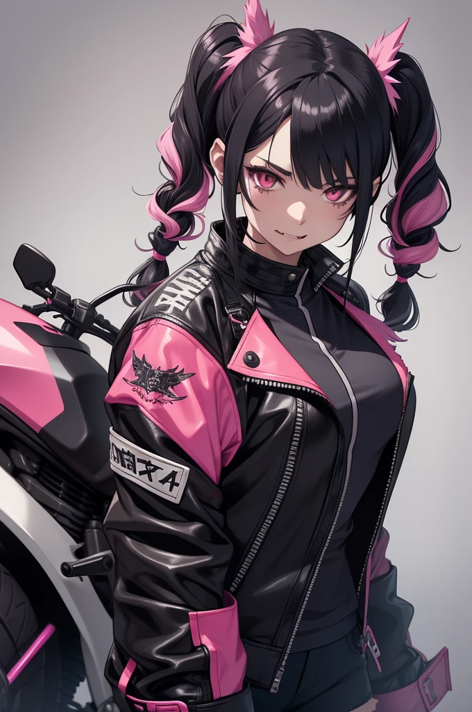 half dragon female with grey skin, with black hair pigtails style, with pink streaks, sharp teeth, biker outfit.
