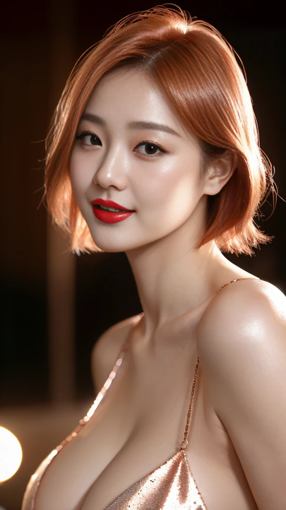 close-up of beautiful korean female, Gorgeus Girl, Beautiful, Baby Face, 40 Years Old, White Skin, red lipstick, sensual Lipstick, Colossal Breasts, Movie Lighting, Futuristic, ((Cleavage)), nude, beautiful Breasts, Rose Eye, Muscles, Bokeh, Masterpiece, Medium Bob, Rose-Gold Hair, Smile, sensational make up