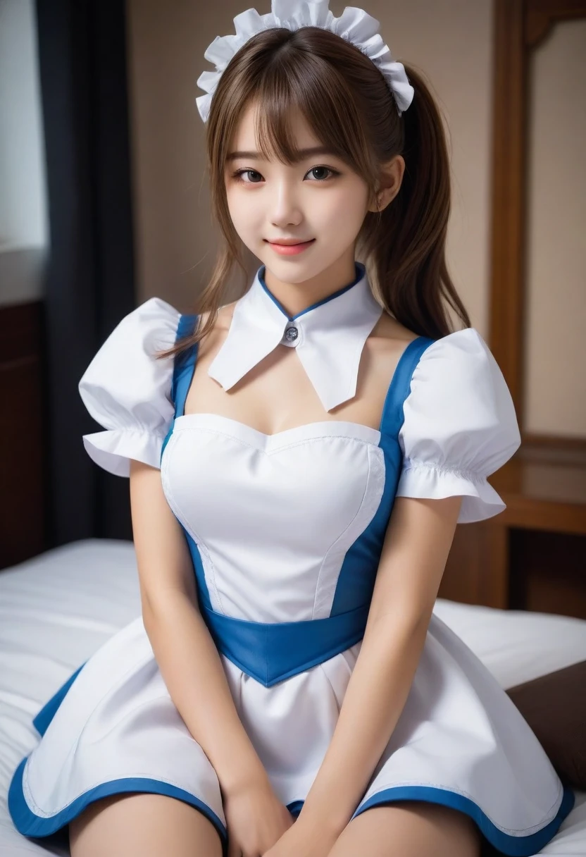 8K, Ultra-high resolution, Highest quality, masterpiece, 三分割法によるphotograph,Surreal, photograph, 1 Girl, (:1.3), pretty girl, Cute face, Beautiful eyes in every detail, 細かくdetailedに,masterpiece,, One Girl:1.2, Virginia Otis 15 year old girl、美しい cyborg mixed maid female, Mecha Cyborg Girl,Mecha Body Girl,She wears a futuristic mech, victorian maid dress, from the front, From the skirt up,Cute kids room, bed room, bed,Beautiful leg line beauty,Full of sex appeal,Sensual,A carefree smile,Heal the heart,Short ponytail、beauty,Long neck、Laugh a little、Please close your mouth and laugh、(((Ideal body type))),A cup small breasts :2,、Portraiture:2、Perfect Anatomy、鮮明なdetailed、detailed、Surreal、Light and shadow,Strong light