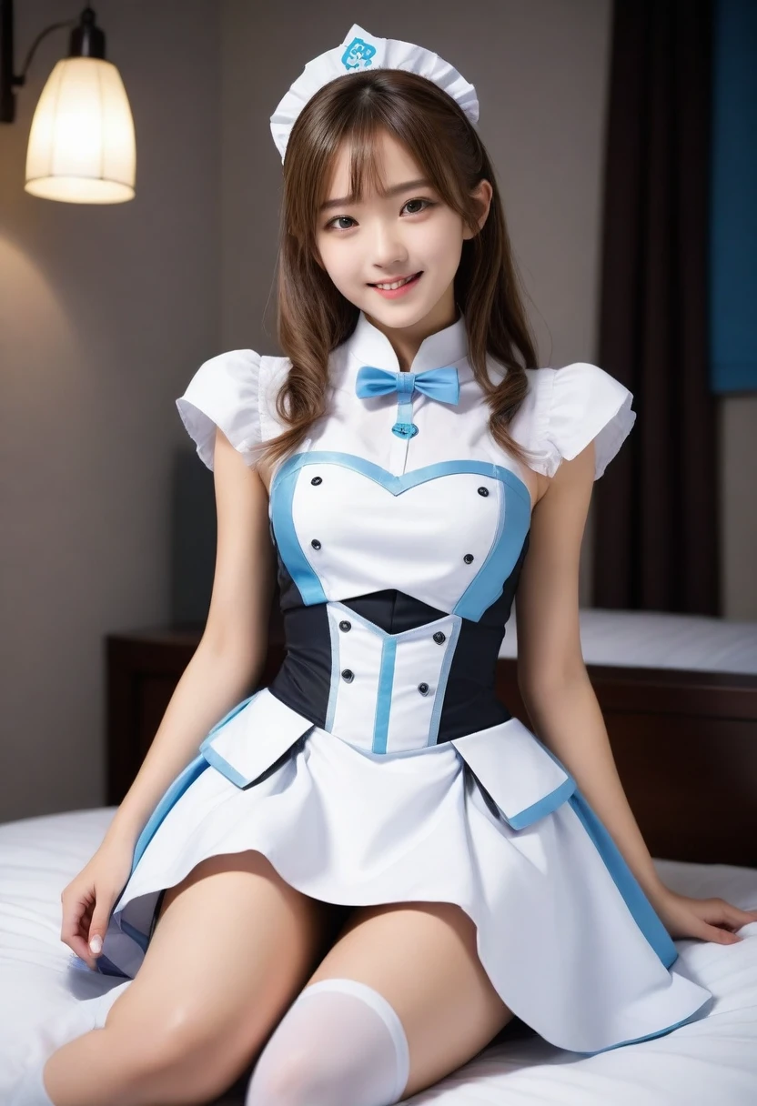 8K, Ultra-high resolution, Highest quality, masterpiece, 三分割法によるphotograph,Surreal, photograph, 1 Girl, (16 years old:1.3), pretty girl, Cute face, Beautiful eyes in every detail, 細かくdetailedに,masterpiece,, One Girl:1.2, Virginia Otis 15 year old girl、美しい cyborg mixed maid female, Mecha Cyborg Girl,Mecha Body Girl,She wears a futuristic mech, victorian maid dress, from the front, From the skirt up,Cute kids room, bed room, bed,Beautiful leg line beauty,Full of sex appeal,Sensual,A carefree smile,Heal the heart,Short ponytail、beauty,Long neck、Laugh a little、Please close your mouth and laugh、(((Ideal body type))),A cup small breasts :2,、Portraiture:2、Perfect Anatomy、鮮明なdetailed、detailed、Surreal、Light and shadow,Strong light