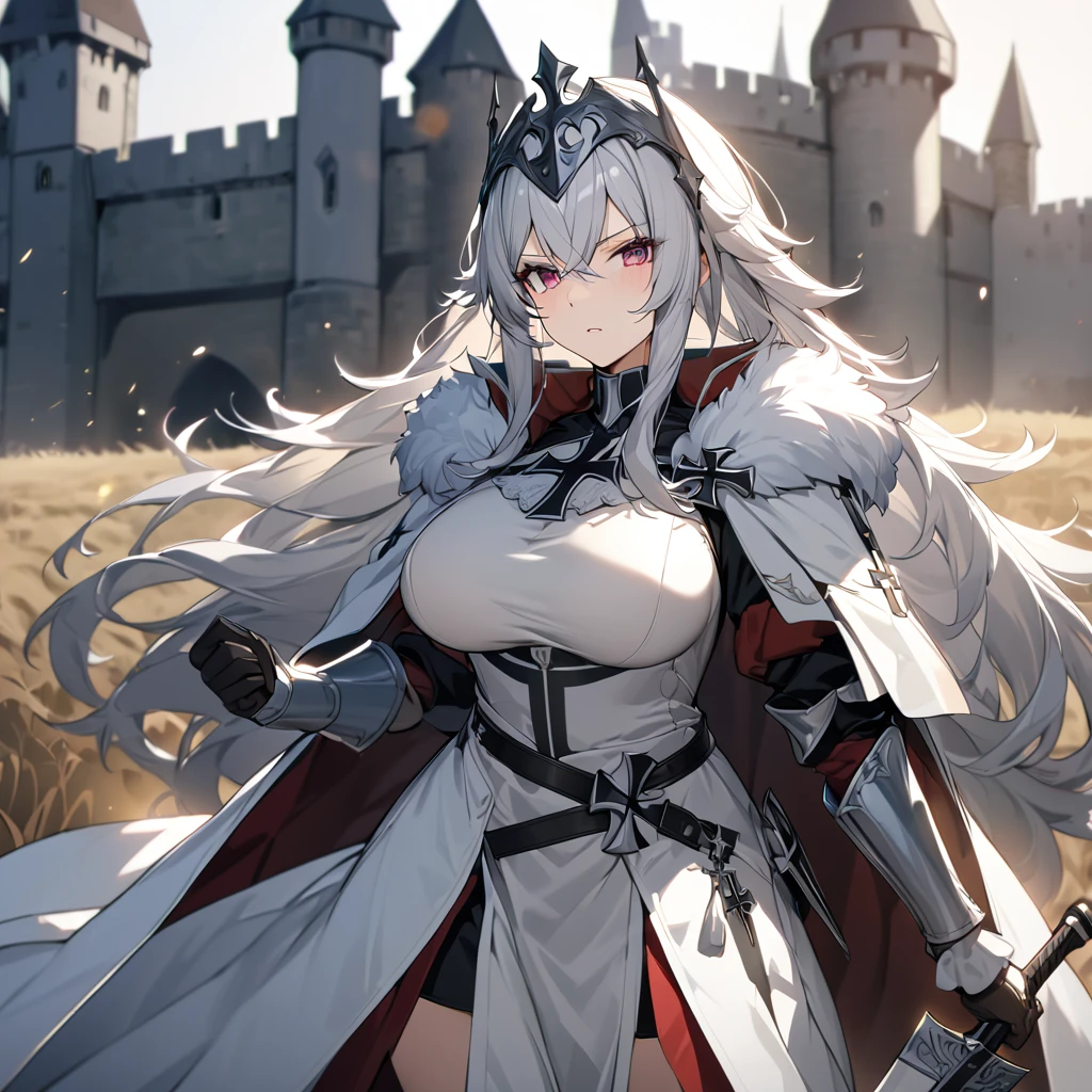 A woman wearing medieval Teutonic armor, wearing a white tunic, black iron cross drawn on the tunic, metal bracelet, metal boots, holding a steel sword,Teutonic Helm, white fur cape, long cape, large breasts, burgundy eyes, silver hair , long hair, serious face, on a dirt walk in an open medieval field, with medieval aesthetics of the place, castle in the background.UHD , prime work , accurate , anatomically correct , textured skin , super details , high quality , best quality, 8k, high resolution, bokeh effect. (woman alone),
