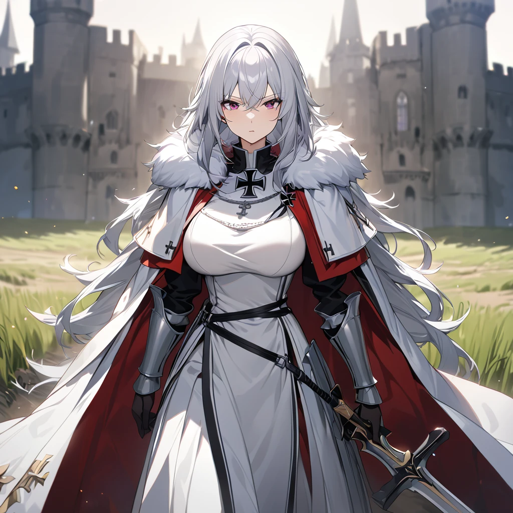 A woman wearing medieval Teutonic armor, wearing a white tunic, black iron cross drawn on the tunic, metal bracelet, metal boots, holding a steel sword,Teutonic Helm, white fur cape, long cape, large breasts, burgundy eyes, silver hair , long hair, serious face, on a dirt walk in an open medieval field, with medieval aesthetics of the place, castle in the background.UHD , prime work , accurate , anatomically correct , textured skin , super details , high quality , best quality, 8k, high resolution, bokeh effect. (woman alone),
