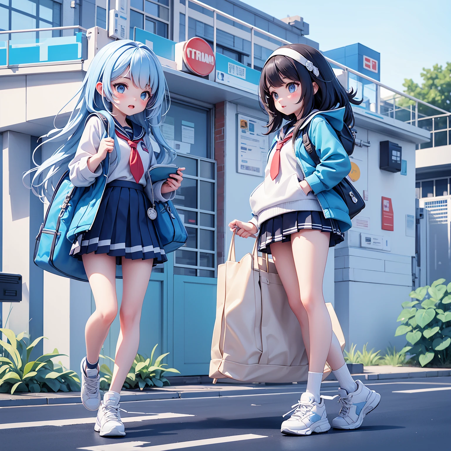 Stroke flat style illustration,Freshness,Students and campus are the main scenes,Mainly for students,School,Runway and other elements,Mainly blue and white,