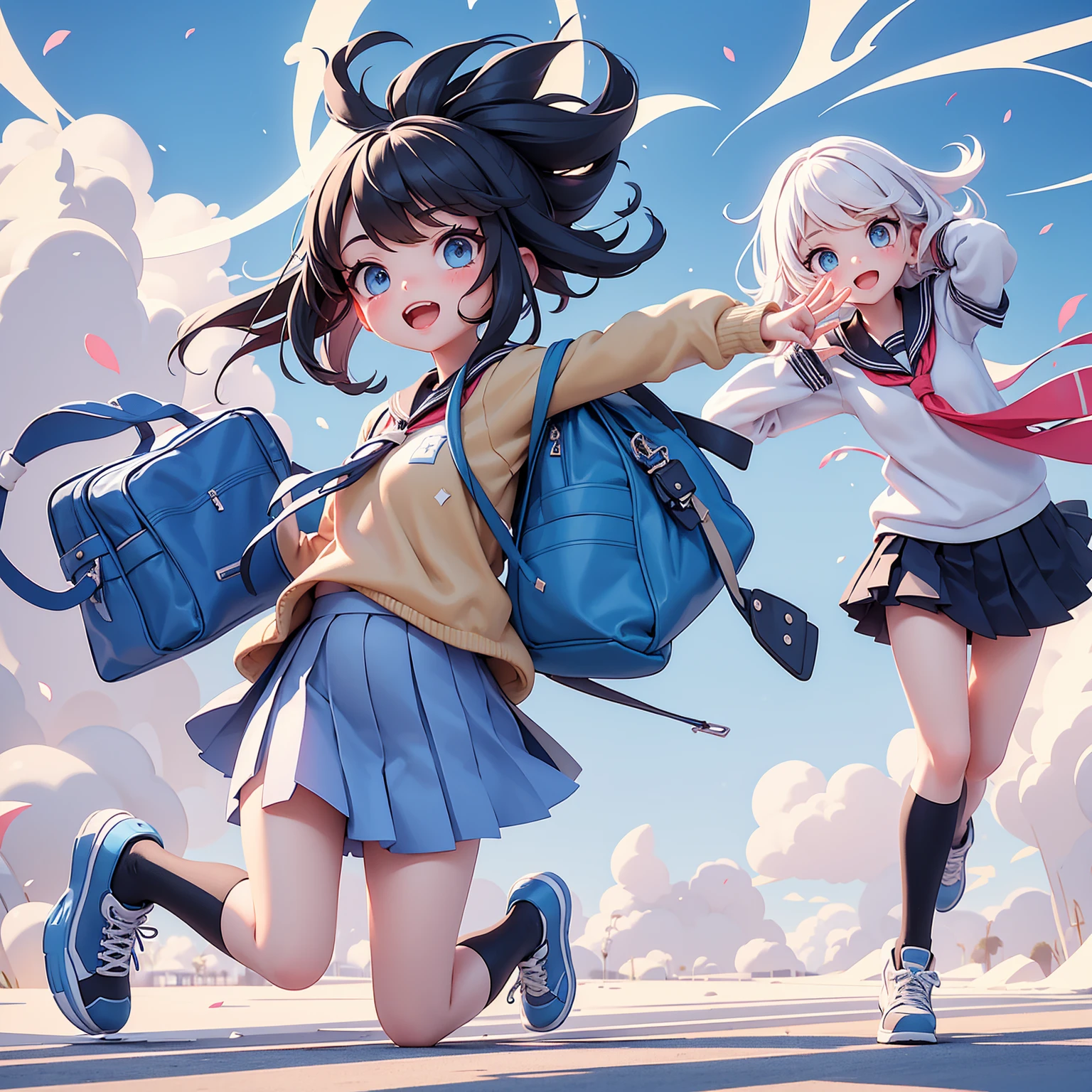 Stroke flat style illustration，Freshness，Students and campus are the main scenes，Mainly for students，School，Runway and other elements，Mainly blue and white，
