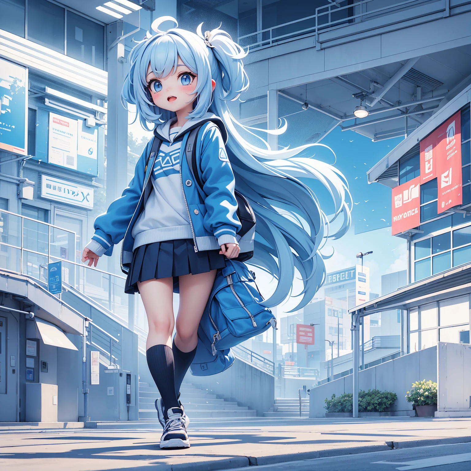 Stroke flat style illustration，Freshness，Students and campus are the main scenes，Mainly for students，School，Runway and other elements，Mainly blue and white，