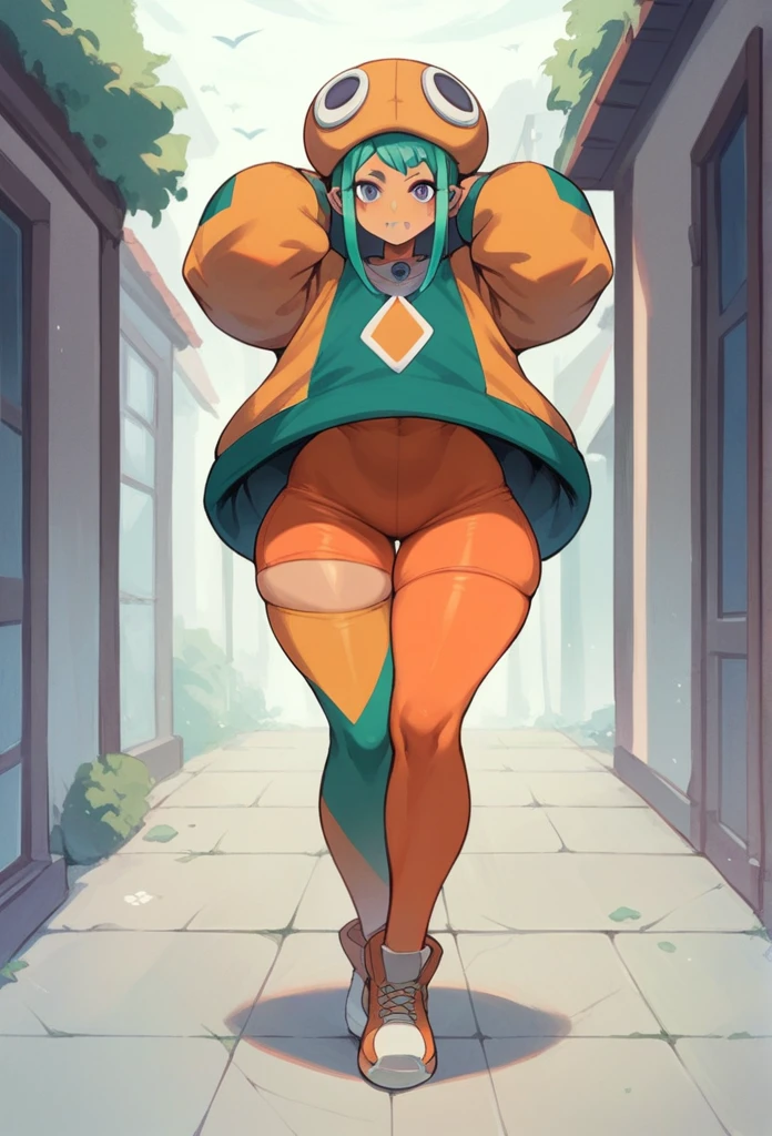 cerebella, huge tits,full dress with short, big neckline, Wide hips , big thighs, long orange tights,(orange thigh high stockings), hat with arms coming out of the head 