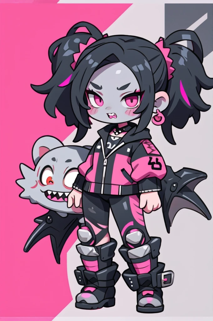 half dragon female with grey skin, with black hair pigtails style, with pink streaks, sharp teeth, biker outfit.