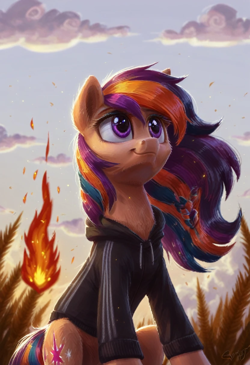 (score_9), starscout sunny pony wearing Sweatshirt Nike, (White Background background: Full), very cute, detailed mane and fur, fluffy, (body fur), blurry, beautiful, cloudy_Sky, burning_cloud, gradient_Sky, twilight, embers, sunset, high detail, digital art style, soft diffuse lighting, dutch angle,