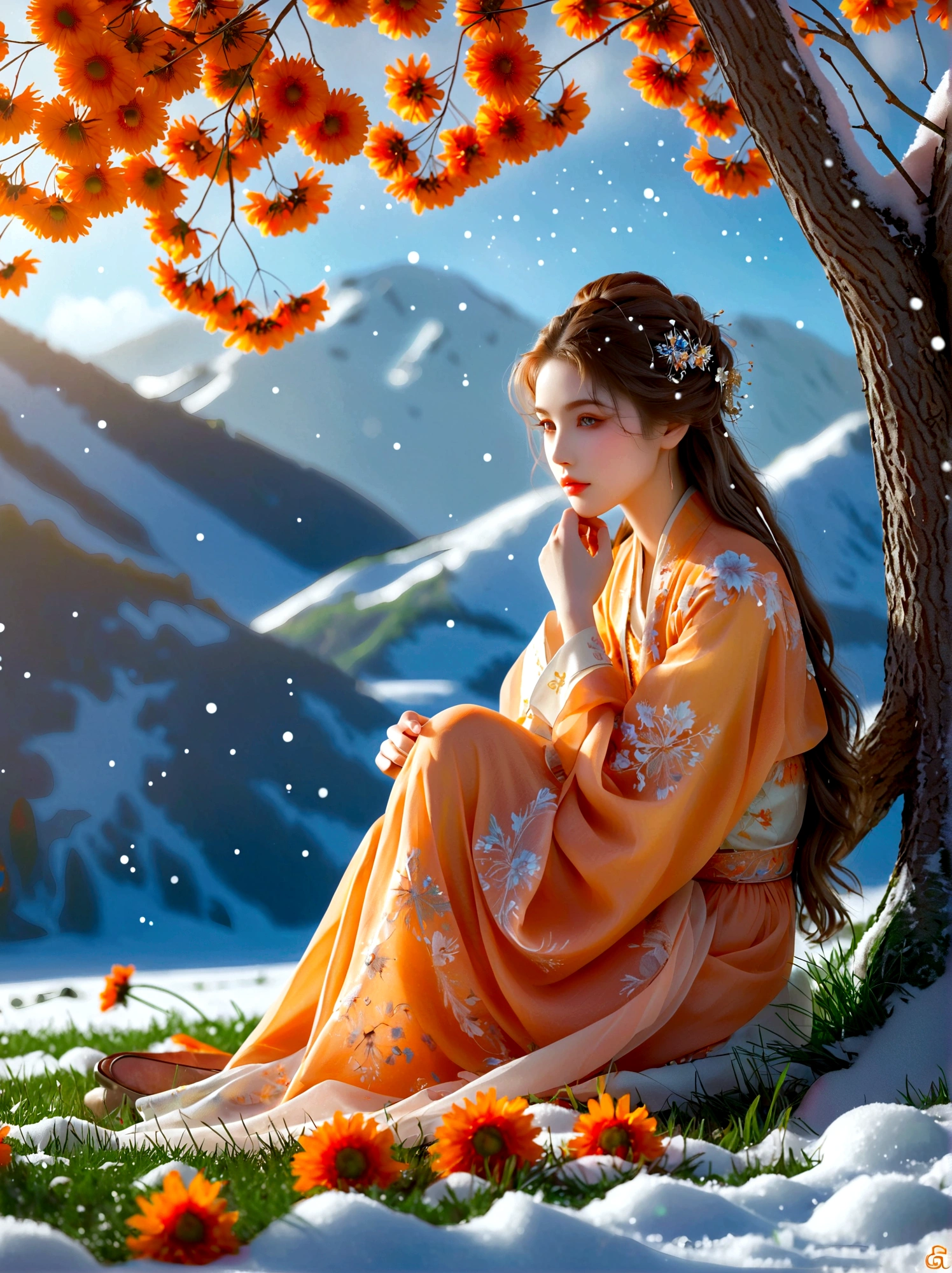 winter，heavy snow, 1girl, ((beautiful eyes)), ((Perfect and refined limbs)), Sitting, on the grass, tent, flower, outdoor, Tree, landscape, daytime, Sky, cloud, Grass, Orange Blossom, White Flowers, nature, vague, safflower, (masterpiece, Best quality:1.2), lifelike, Reality, Dreamy light, Intricate details, Ultra Detailed, detail, High contrast, Beautiful and delicate light, Bright, more details, Fine light, very fine 8K CG wallpaper, Abuse of color difference, Very delicate light, glare, Light, Light Particles, reflection, Depth of Field, Soft colors, Surrealism, Romanticism, Classicism, anatomically correct, textured skin, award winning, 8K