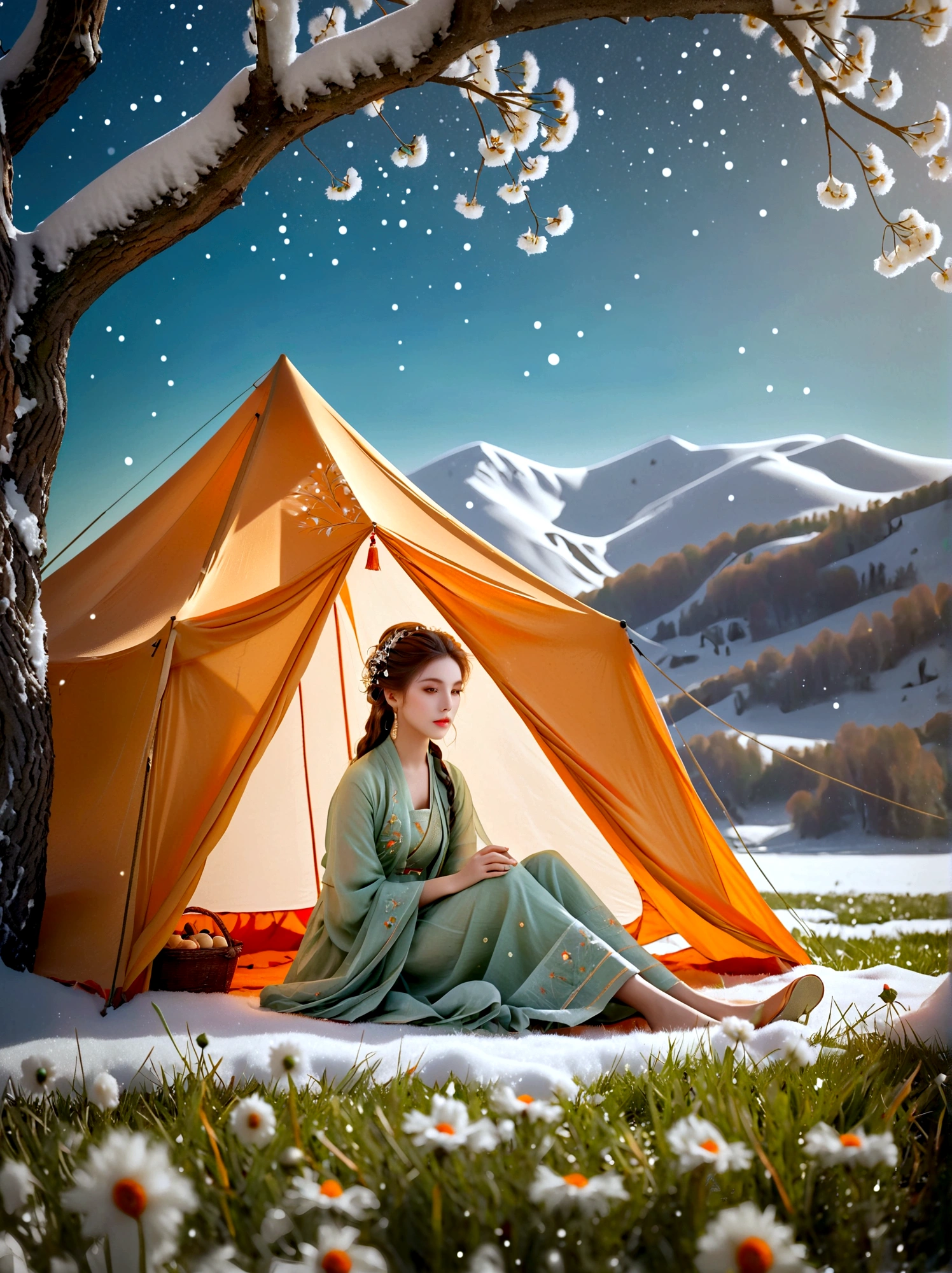 winter,heavy snow, 1girl, ((beautiful eyes)), ((Perfect and refined limbs)), Sitting, on the grass, tent, flower, outdoor, Tree, landscape, daytime, Sky, cloud, Grass, Orange Blossom, White Flowers, nature, vague, safflower, (masterpiece, Best quality:1.2), lifelike, Reality, Dreamy light, Intricate details, Ultra Detailed, detail, High contrast, Beautiful and delicate light, Bright, more details, Fine light, very fine 8K CG wallpaper, Abuse of color difference, Very delicate light, glare, Light, Light Particles, reflection, Depth of Field, Soft colors, Surrealism, Romanticism, Classicism, anatomically correct, textured skin, award winning, 8K