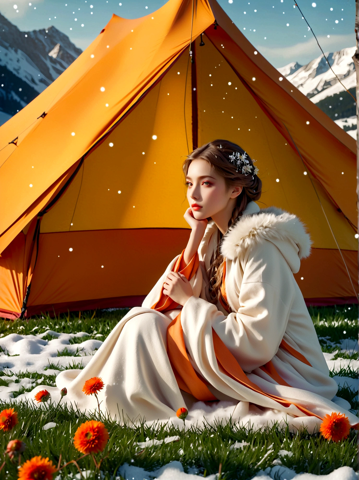 winter,heavy snow, 1girl, ((beautiful eyes)), ((Perfect and refined limbs)), Sitting, on the grass, tent, flower, outdoor, Tree, landscape, daytime, Sky, cloud, Grass, Orange Blossom, White Flowers, nature, vague, safflower, (masterpiece, Best quality:1.2), lifelike, Reality, Dreamy light, Intricate details, Ultra Detailed, detail, High contrast, Beautiful and delicate light, Bright, more details, Fine light, very fine 8K CG wallpaper, Abuse of color difference, Very delicate light, glare, Light, Light Particles, reflection, Depth of Field, Soft colors, Surrealism, Romanticism, Classicism, anatomically correct, textured skin, award winning, 8K